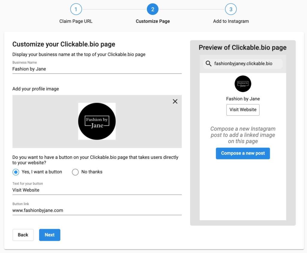 Step 2 Clickable.bio